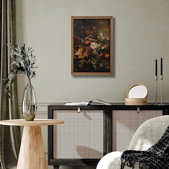 Framed Vintage Moody Floral WallArt Fall Wildflower Canvas Painting,Dark Botanical Picture Poster Print With Wood Frame Wall Decor for LivingRoom Bedroom Bathroom16X24In