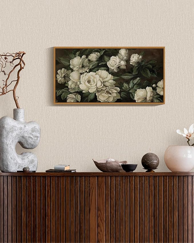 SHENIFY Vintage Framed Wall Art Rose Flower Landscape Painting Retro White Floral Scenery Farmhouse Kitchen Living Room Decor - 8x16in Natural Framed