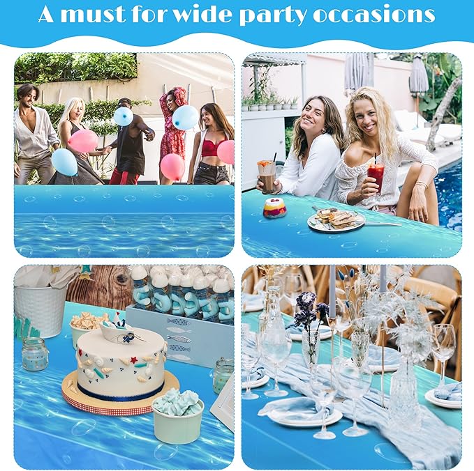 Kochorie 54 Inch x 200 Ft Ocean Waves Plastic Tablecloth Roll in Slide Cutter Box Under the Sea Table Cover Blue Water Print Backdrop Bulletin Board Plastic Roll for Beach Pool Birthday Party Decor