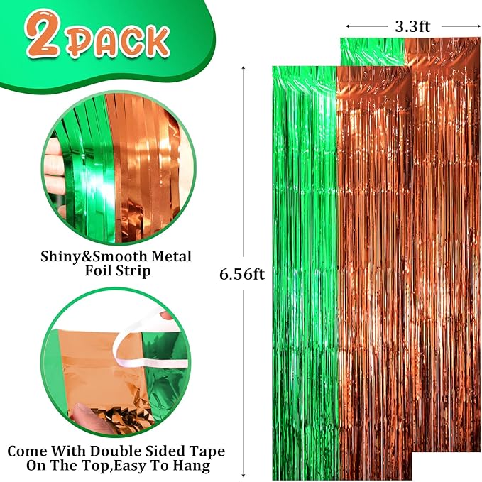 2 Pack Football Party Decorations, Green and Brown Foil Fringe Backdrop Curtains, Tinsel Streamers, Door Shimmer for Super Bowl or Birthday Party
