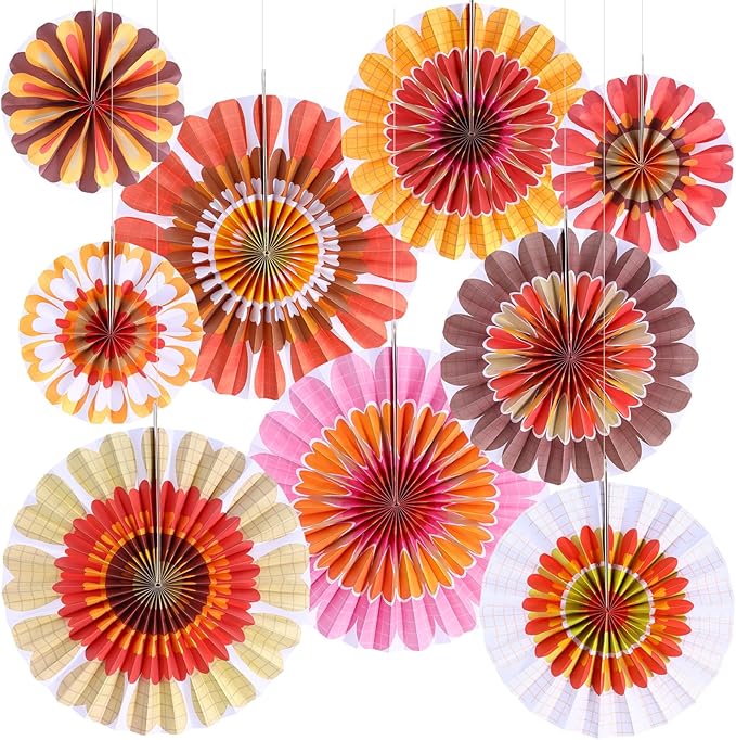 Outus Flower Hanging Decorations Fall Paper Fans Classroom Ceiling Wall Decor Colorful Bloom Paper Fan for Wedding Birthday Birthday Party Supplies(9 Pcs,Spring Daisy)