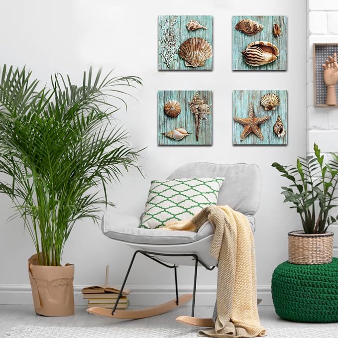 YOOOAHU Seashell Wall Art Vintage Coastal Wall Decor Nautical Bathroom Decor Rustic Beach Theme Pictures Teal Blue Ocean Starfish Canvas Paintings Posters Beachy Artwork Home Decorations 12x12 4 Pcs