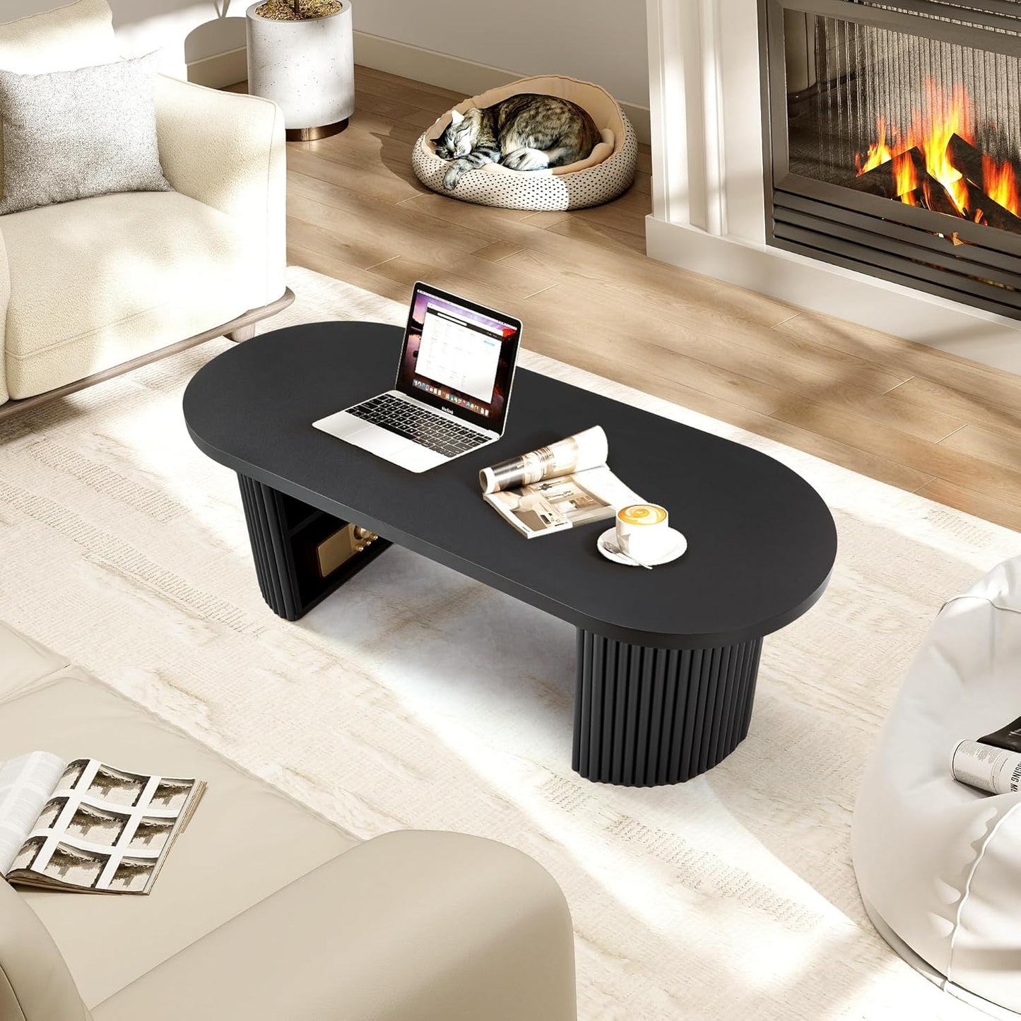 Oval Fluted Coffee Table, 47" Farmhouse Wood Coffee Table Mid Century Modern Center Table Boho Living Room Tables for Living Room Office,Black