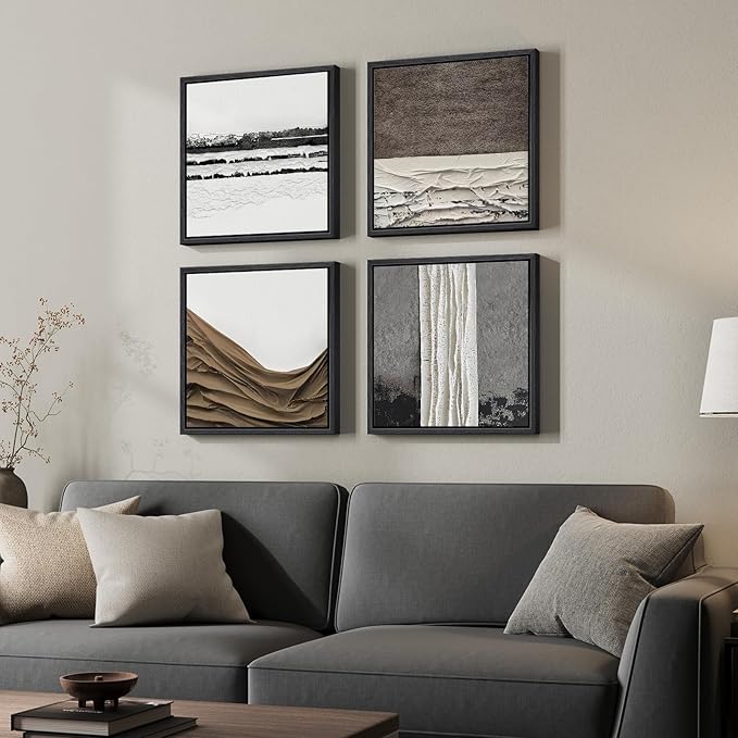 Framed Abstract Neutral Wall Art Set, 4 Piece Black White Gray Minimalist Square Canvas Prints with Brown Accents, Modern Wall Art for Living Room Bedroom Entryway Office Decor, 12x12 Inch