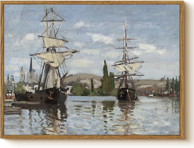 Vintage Framed Nautical Coastal Wall Art 12x16 Inch, Seascape Sailing Ship Canvas Print Boat Oil Painting, Classic Harbor Artwork Living Room Bedroom Office Bathroom Home Decor Gift