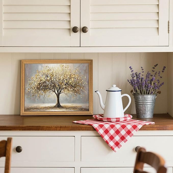 3D Textured Tree of Life Wall Art, Abstract Gold Tree Botanical Wall Decor, Modern Nature Landscape Sandstone Painting for living room Bedroom Bathroom Office 12x16 Inch Framed