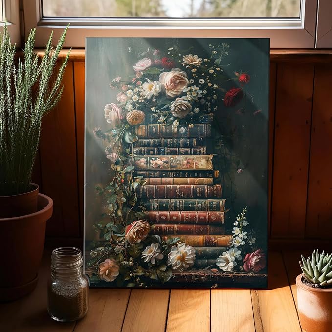 Framed Vintage Floral Wall Art Moody Flowers Books Art Painting Dark Wildflowers Academia Gallery Picture Print Wall Decor Rustic Country Canvas Decor for Living Room Office 16X24In
