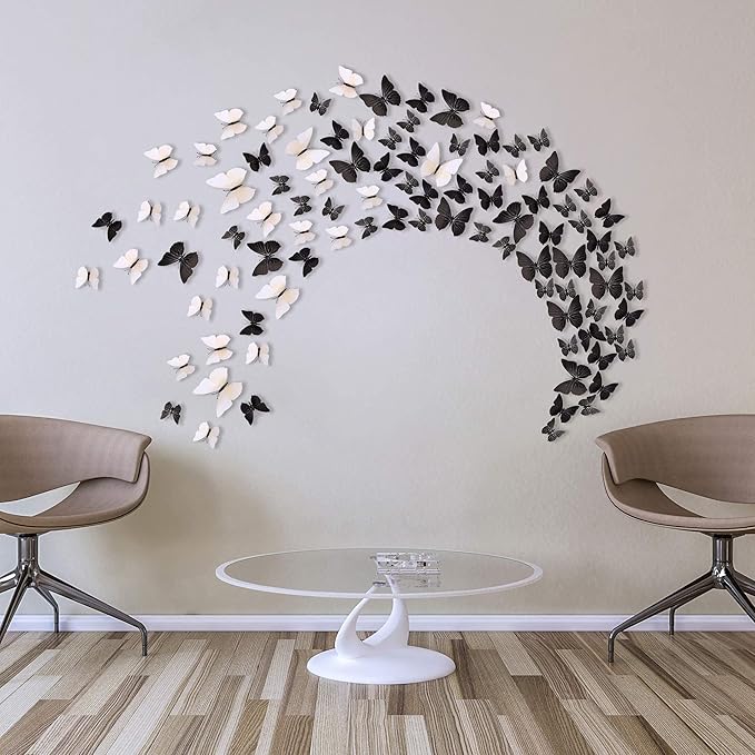 24pcs 3D Vivid Special Man-Made Lively Butterfly Wall Stickers Removable Butterflies Wall Decals 3D Nursery Art Decor for Kids Girls Bedroom Living Room Classroom Party Decoration White & Black