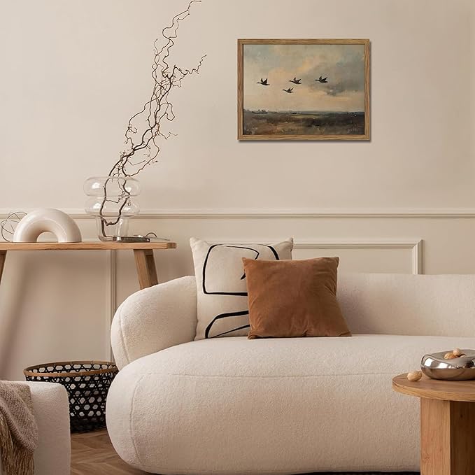 Framed Flying Ducks Canvas Wall Art, Rustic Countryside Landscape Painting, Vintage Birds Poster Print, Modern Farmhouse Ducks Wall Decor for Living Room Bedroom – 8x10 inch