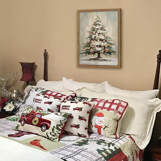 Framed Christmas Tree Wall Decor, Christmas Tree with Christmas Balls Canvas Prints Country Winter Holidays Oil Painting Vintage Christmas Wall Art for Living Room Bedroom – 16x24in