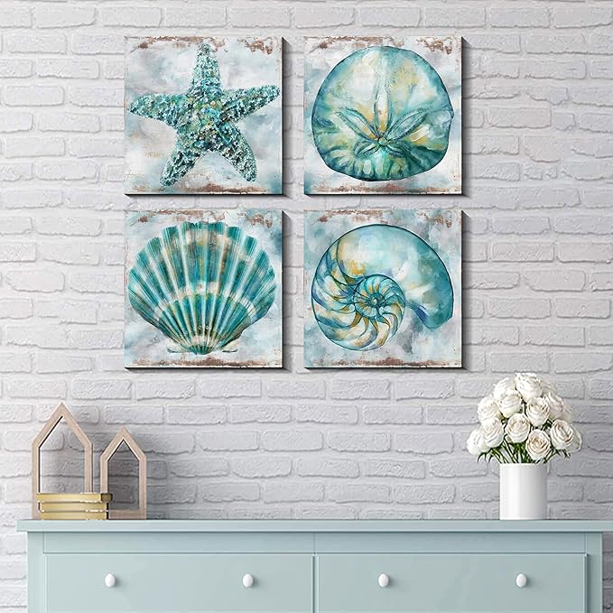 Farmhouse Seashell Bathroom Decor Teal Blue Beach Starfish Wall Art Modern Rustic Coastal Artwork for Walls Watercolor Aqua Sea Conch Shells Pictures Canvas Print Bedroom Kitchen Decorations 12x12" 4P