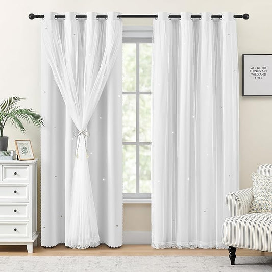 XiDi White Curtains for Girls Bedroom 84 Inches Long Blackout Nursery Curtains Double Layer with Sheer Overlay for Kids Toddler Princess Room Grommet Privacy Room Darkening Window Drapes 52x84 Inches