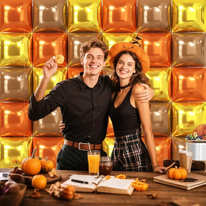 NISOCY 36PCS Orange Gold Brown Square Foil Balloons Wall Backdrop Metallic Autumn Fall Balloons Arch Kit for Thanksgiving Friendsgiving Birthday Halloween Baby Shower Fall Color Party Decorations