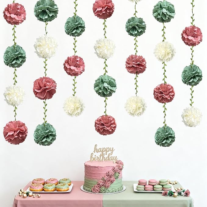 Sage Green Dusty Rose Pink Beige Tissue Paper Flowers Pom Pom with Leaf Ribbon Hanging Garland Streamer for Girl Safari Woodland Jungle Baby Shower Birthday Wedding Garden Party Decorations Supplies