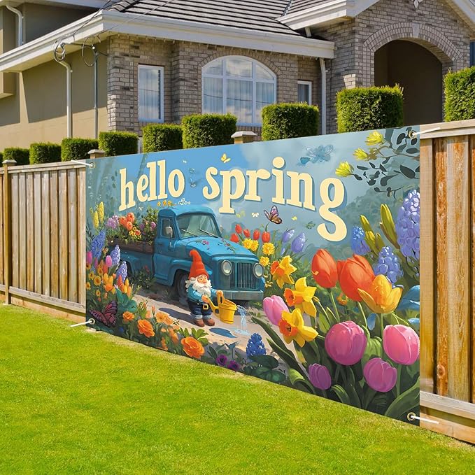 Hello Spring Backdrop 71'' x 43'' Hello Spring Banner Gnome Daisy Butterfly Backdrop Decorations for Photography Background Photo Prop Booth