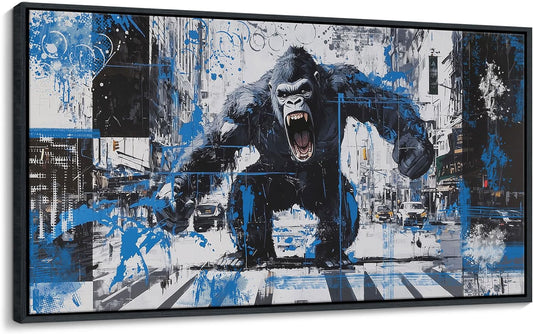 JEAWA Bathroom Framed Wall Art, Angry Gorilla Abstract City Street Graffiti Cool Pop Canvas Paintings Black and White Modern Picture for Living Room Bedroom Men Teenage Boy Game Room Decor 20x40 IN
