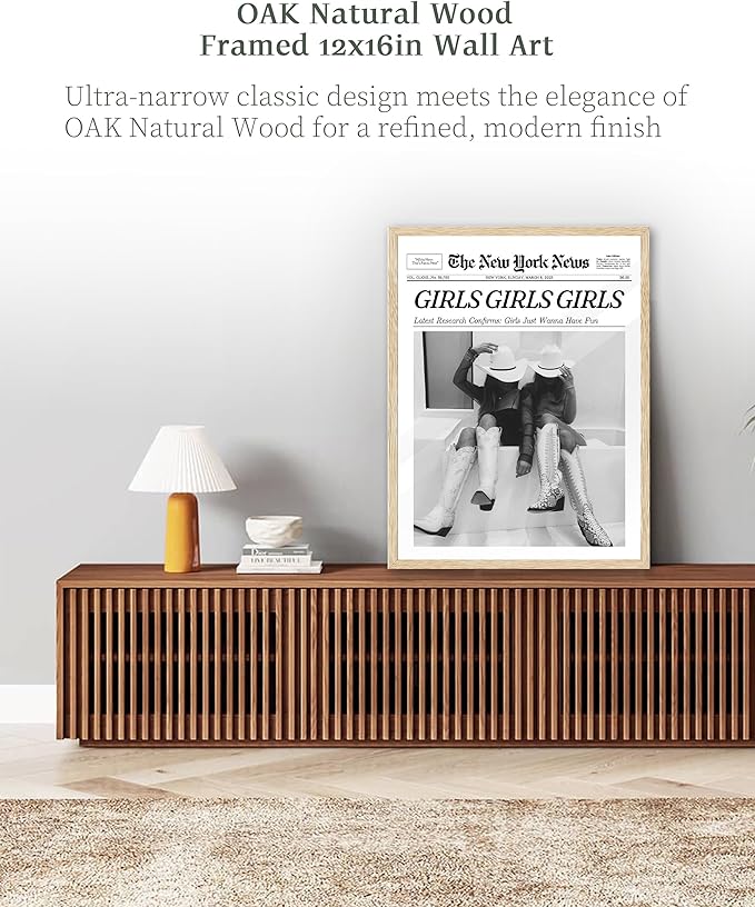 iHery Girls Just Wanna Have Fun Framed Trendy Cowgirl NewsPaper Wall Art, 12x16in Natural OAK Wood Black and White Canvas Wall Decor For Bedroom Dorm Living Room,Vintage Bar Car Home Décor 1Pack