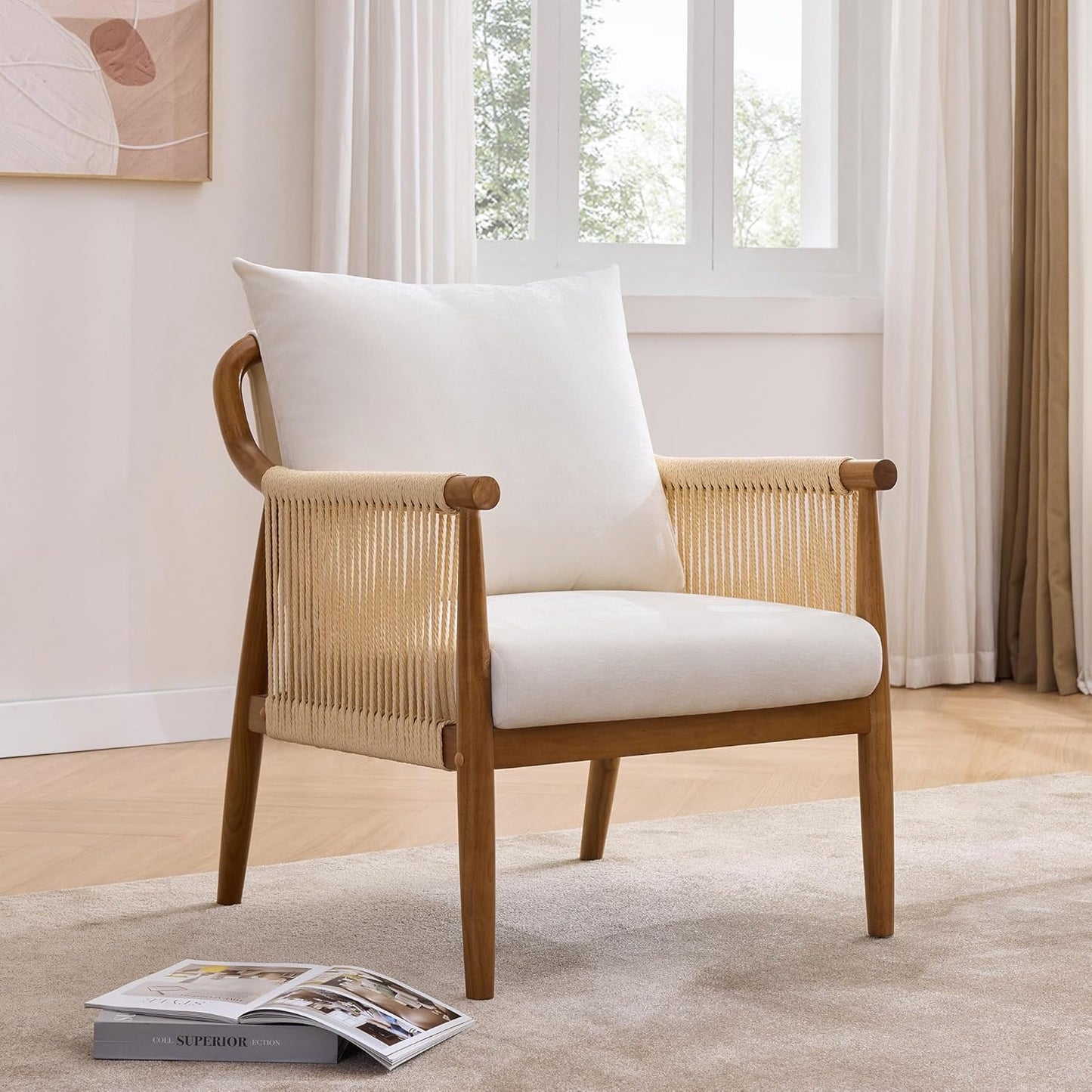 Braid Accent Chair for Living Room Bedroom Reading Room, Rattan Modern Boho Armchair with Solid Wooden Armrest & Frame and Cushions