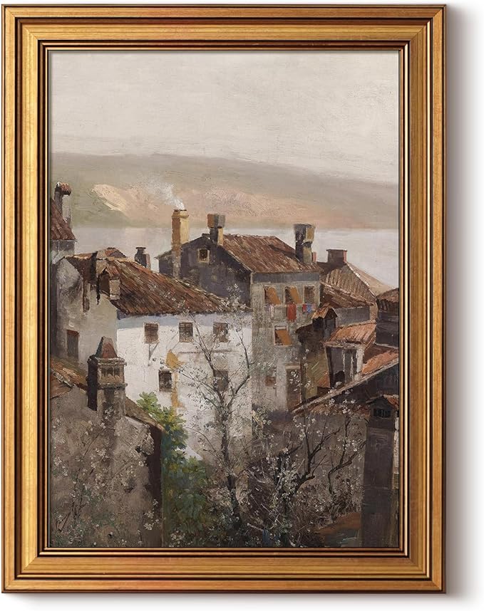 ARPEOTCY Gold Framed Canvas Wall Art, 12x16inch, European Towns Landscapes Art Prints, Rustic Retro Decor for Bedroom Living Room Hallway, Neutral Country Shelf Decor,Small