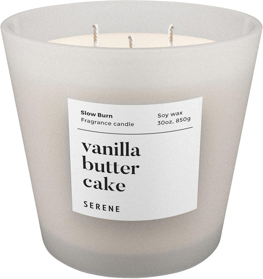 Hidden Label Large Scented Candle, Vanilla Butter Cake, 30oz 3 Wick Huge Candle, Serene Collection Slow Burn Natural Soy Candles for Home Scented
