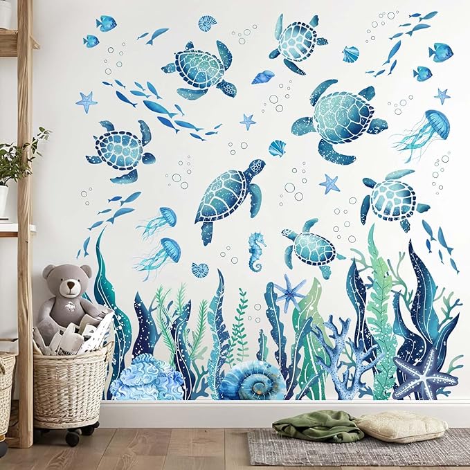 Ocean Sea Turtle Wall Stickers - Under The Sea Marine Theme Seaweed Grass Wall Decals - Baby Nursery Kids Bedroom Daycare Bathroom Wall Decor Stickers