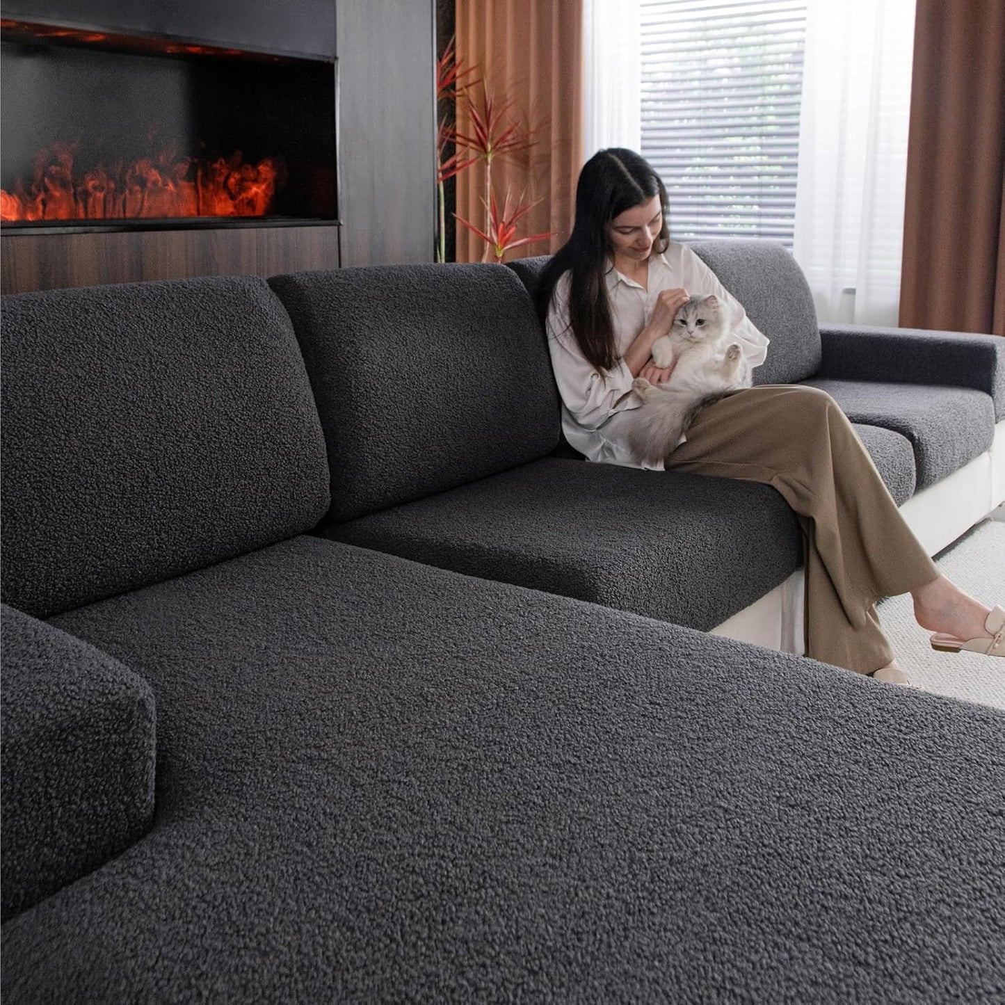 Couch Cushion Covers for Sectional Sofa, Stretch Soft Sofa Slipcovers Washable Wear-Resistant Universal Furniture Protector for Living Room(3 Seaters Covers+1 Chaise Cover, Dark Gray)