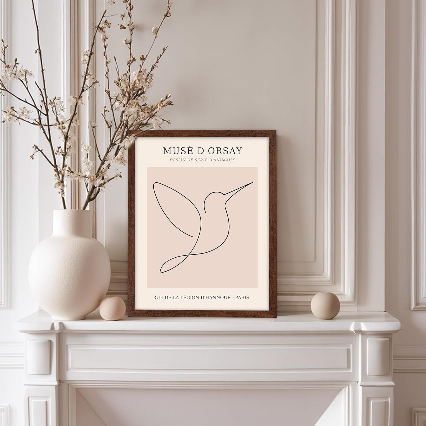Poster Master Vintage Poster - Retro One Line Hummingbird Drawing Print - Bird Line Art - Minimal Gift for Him, Her, Animal Lover - Abstract Decor for Home, Office, 8x10 Brown Framed