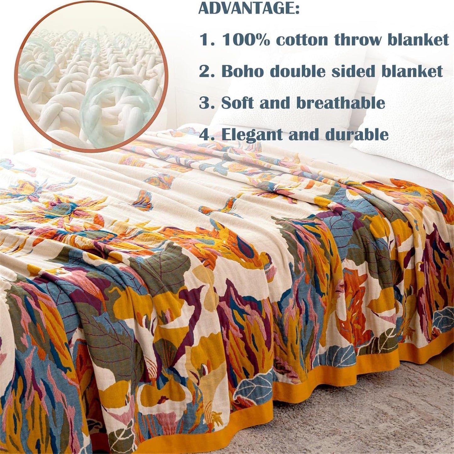 MSGKV Boho Throw Blanket for Couch and Sofa Cotton Cover for Living Room Floral Throw Cozy Blankets (D-Flower and Butterfly, 50" x 60"(Throw))