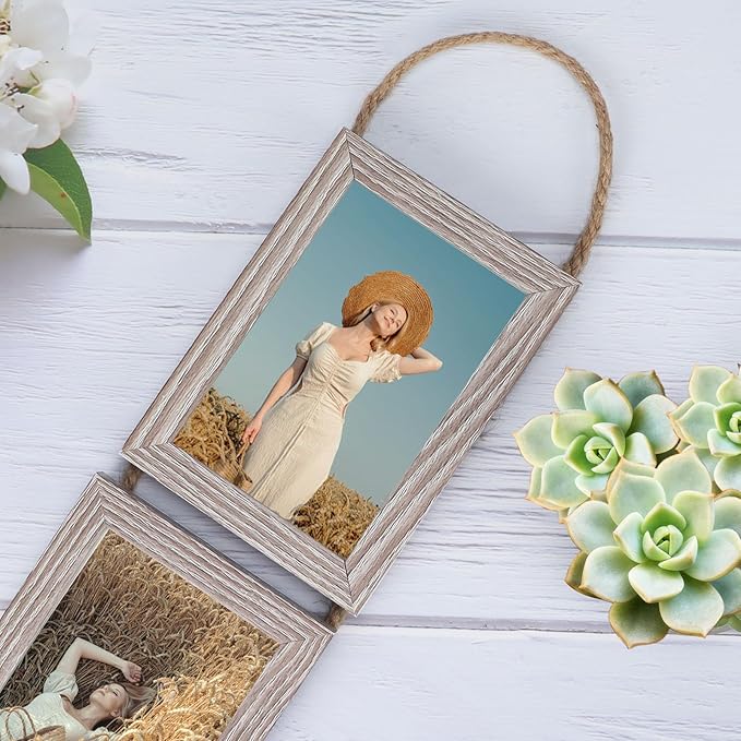 QUTREY Collage Picture Frame 5x7, 6 Openings Vertical Hanging Photo Frame Set of 2, 5 by 7 inch Multi Picture Frames for Wall, Rustic Grain
