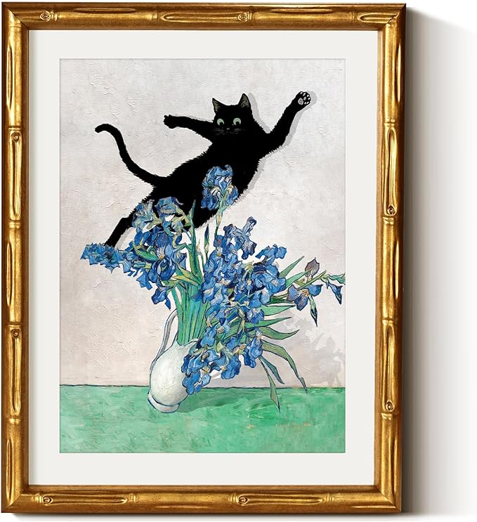 VIYYIEA Bamboo Detail Design Gold Framed Wall Art, Naughty Cat and Toppling Vase Art Work for Wall Decor, Gold Framed Wall Decor Canvas Print Painting, 11 x 14 Inch