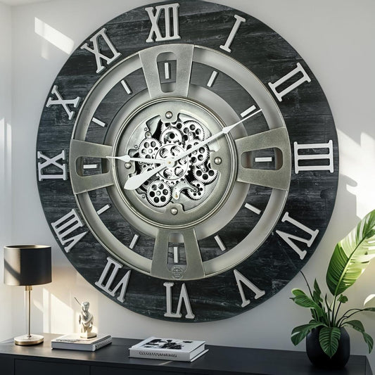 The Gears Clock Real Moving Gear Wall Clock England Line (Vintage Black, 24 inches (60 cm))