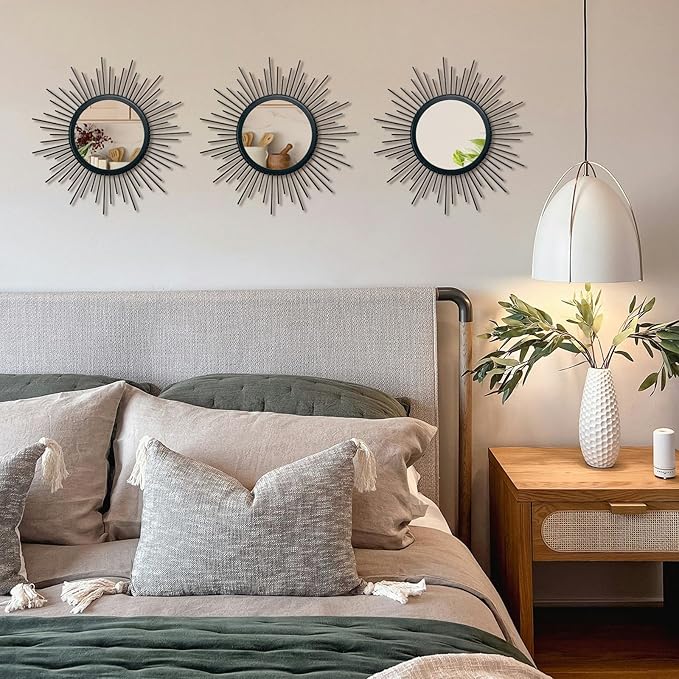 Cityelf 3 Set Black Sunburst Mirrors for Wall Decorative Metal Mirrors Small Mirror Sets Decor Hanging Mirror Wall Sculpture for Bedroom Living Room Entryway