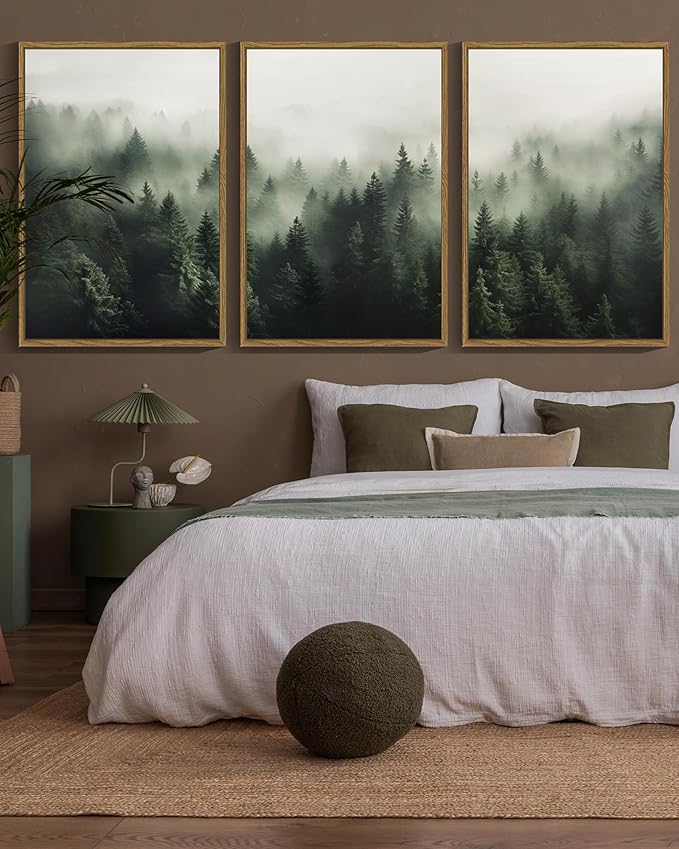 SHENIFY Green Fog Pine Tree Forest Canvas Wall Art Large 24x36in Framed Nature Modern Artwork Prints Decor - Natural Framed