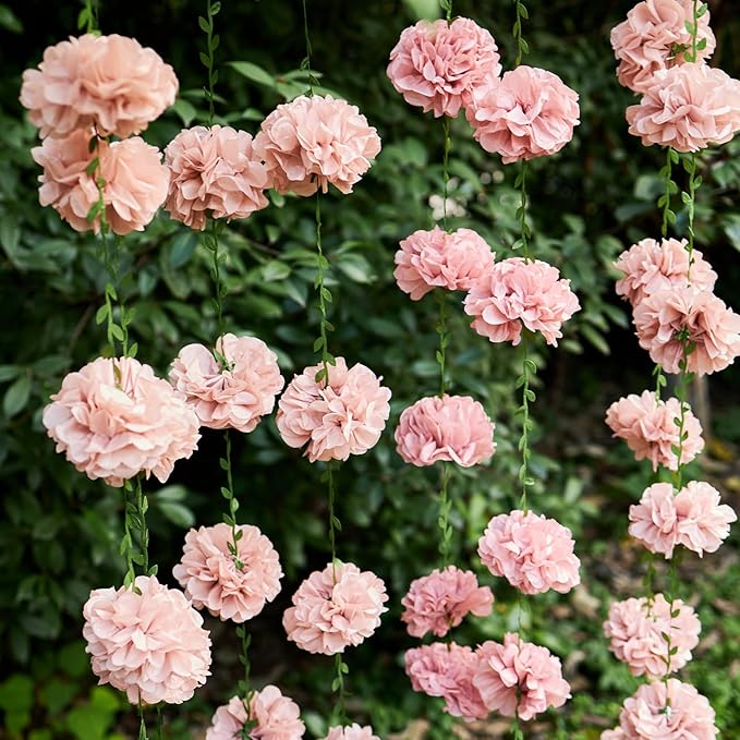 4 Pcs Dusty Pink Flower Garland for Bridal Shower Decorations, Baby Shower Decorations for Girls, Pom Pom Garland, Paper Flowers Party Decorations for Birthday