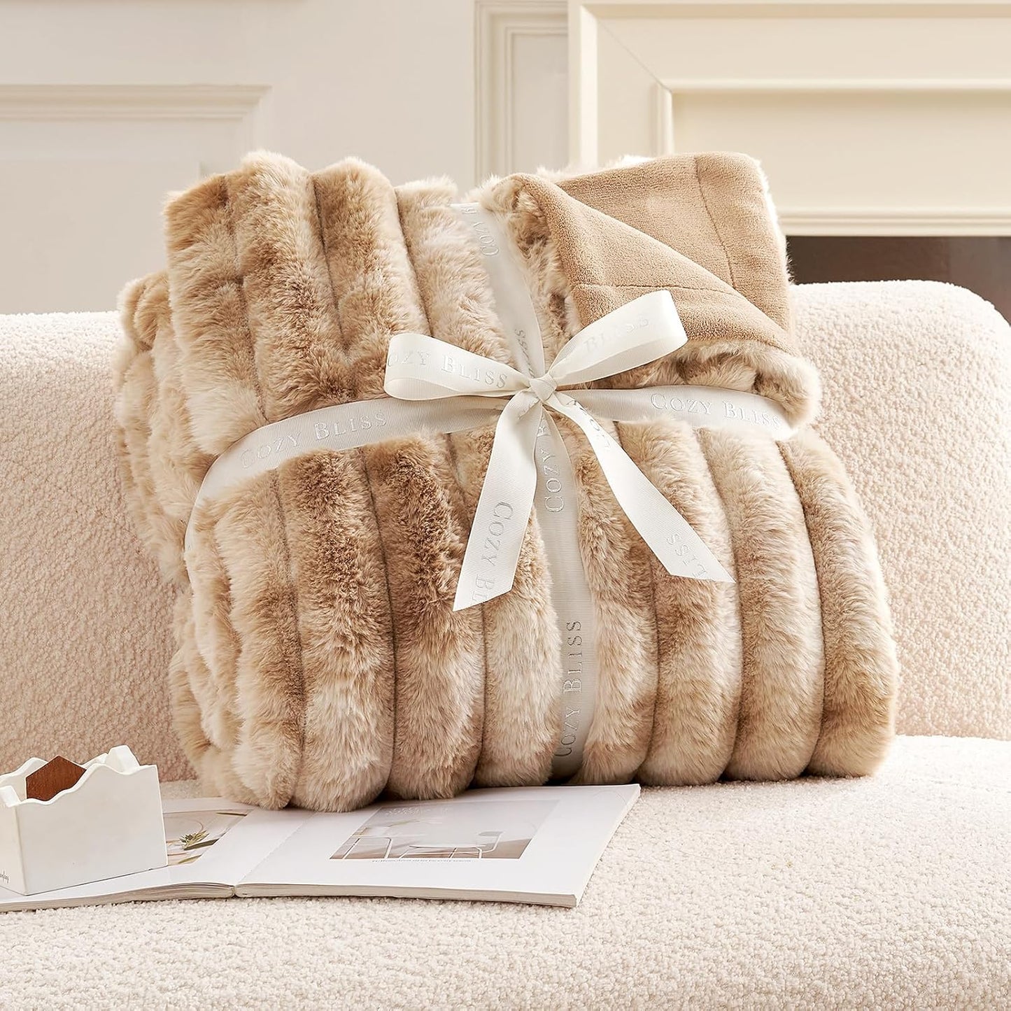 Cozy Bliss Faux Fur Throw Blanket for Couch, Cozy Warm Plush Striped Blanket for Sofa Bedroom Living Room, 50 * 60 Inches Tie-dye Kahki