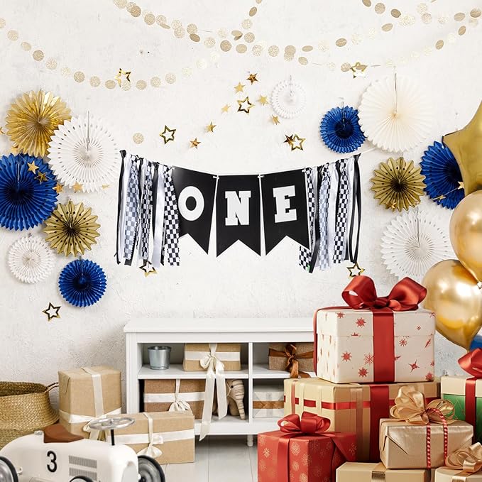 Race Car First Birthday Highchair Banner, Pre - strung Black & White Checkered “ONE” Garland for Boys’ Fast One Party, Cake Smash Photos & Racing Theme Decor
