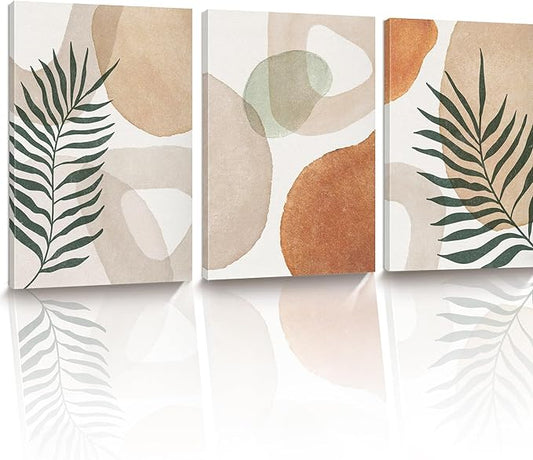 HesenDot Abstract Botanical Wall Art Set of 3, 30x40CM Neutral Plant Framed Canvas Prints, Beige Green Boho Aesthetic Wall Decor for Living Room Bedroom Bathroom Office Home
