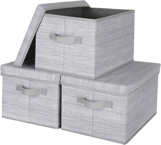 WUIKE Storage Bins with Lids, Collapsible Stackable Storage Bins with Handles, Clothing Storage Containers for Closet, Fabric Shelf Baskets, Large, Light Gray/Slub Gray, 3-Pack
