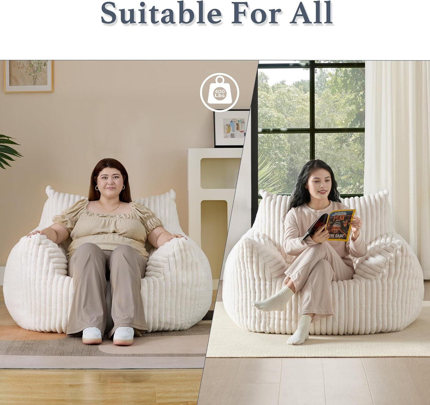 Giant Plush Bean Bag Chair for Adults with Armrests - Oversized Comfy Beige Beanbag Lounge Lazy Floor Sofa Accent Chair for Living Room, Bedroom & Dorm, Cozy Fluffy Single Cloud Mini Couch