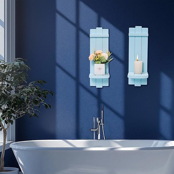 Sconces Wall Decor Set of 2, Wall Candle Holder Rustic Home Decor, Farmhouse Art Floating Candle Sconces Shelf Blue Wall Decorations for Living Room, Dining Room, Bedroom, Bathroom