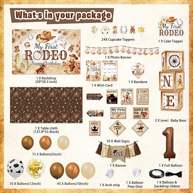 My First Rodeo Birthday Decorations, Wild West Western Cowboy Rodeo 1st Birthday Party Decor Supplies for Boy - Backdrop, High Chair Banner, Bandana, Tablecloth, Poster, Wall Signs, ONE Box