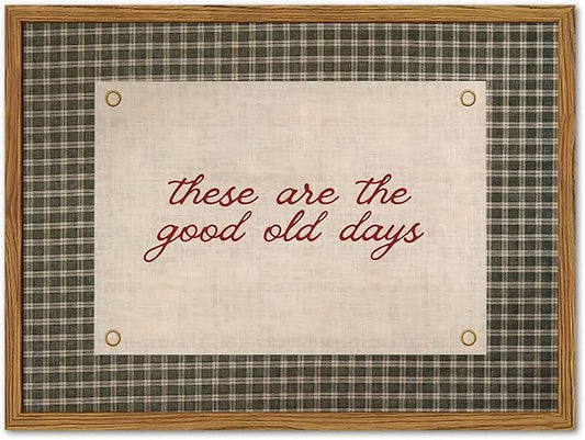 Framed These Are The Good Old Days Wall Art, Vintage Family Inspirational Quote Pictures Wall Decor, Retro Green Gingham Paintings Prints Motivational Home Decor for Living Room Bedroom 16x24 inch