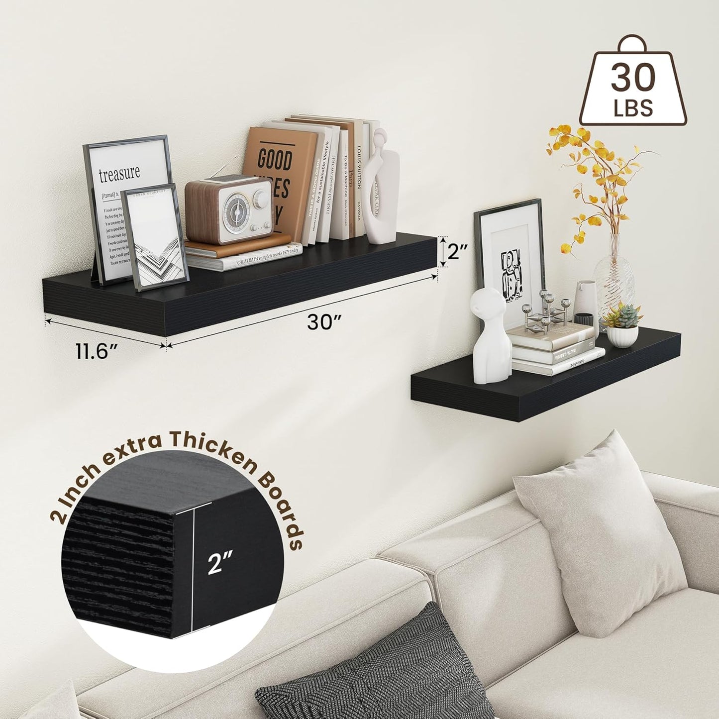 Deep Floating Shelves for Wall | 30W x 12D Black Floating Shelves Set of 2 | 12 Inch Deep Wall Shelves for Living Room Bathroom Laundry Room Bedroom Kitchen Home Office - Black