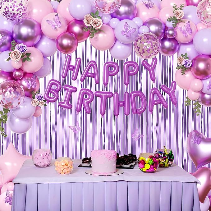 Purple Pink Birthday Decorations, Metallic Magenta Purple Lavender Balloons Confetti Foil Balloons Happy birthday Banner Butterfly Fringe Curtains Birthday Decorations for Women Teens Girls