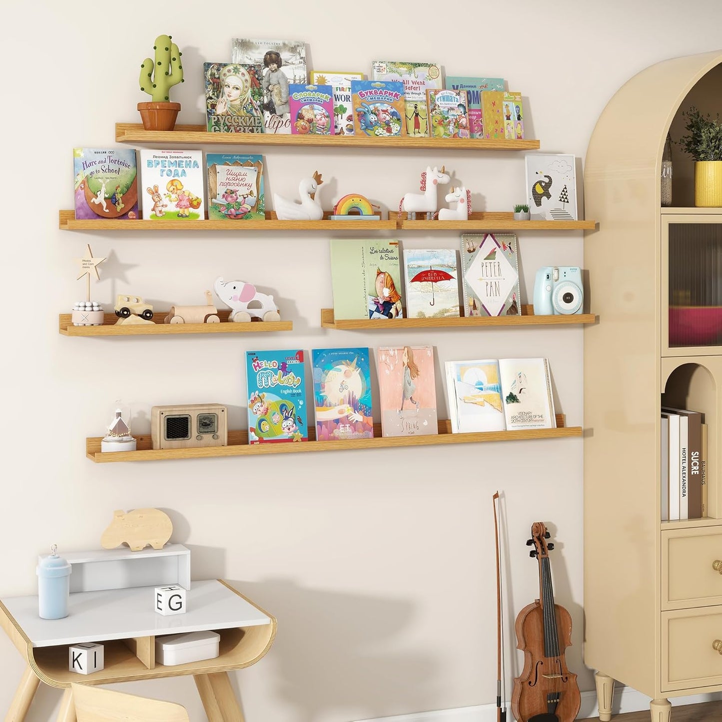 Fun Memories Picture Ledge Shelves Set of 2, 48 Inch Rustic Wall Mounted Floating Shelves with Lip for Home Storage and Décor in Bathroom, Kitchen, Nursery, Bedroom, Living Room, Oak