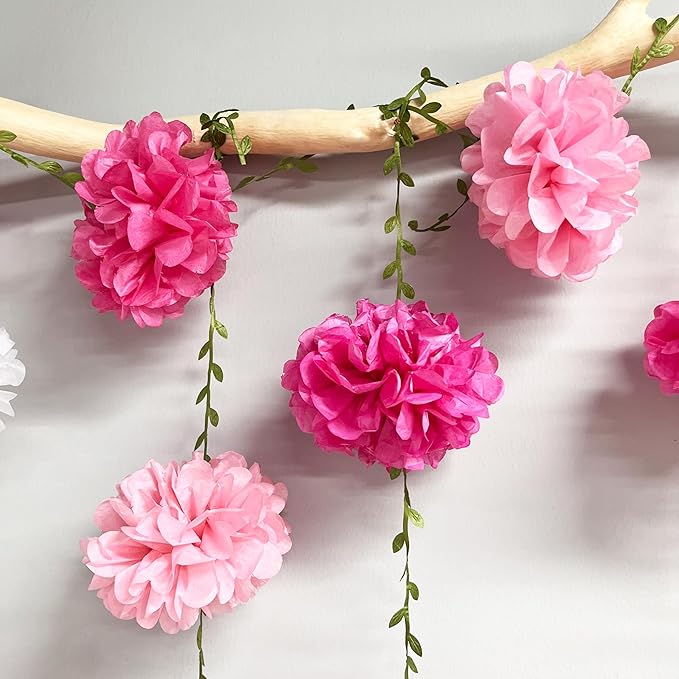 Hot Pink White Party Decorations Ombre Pink White Tissue Paper Flowers Pom Pom Leaf Ribbon Hanging Streamer Garland for Women Girls Birthday Bachelorette Baby Shower Wedding Flamingo Party Supplies