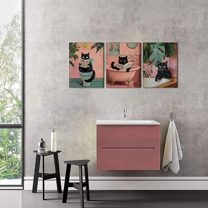 Funny Pink Bathroom Cat Wall Art Painting Set of 3 Maximalist Cute Black Cat Bathroom Wall Decor, Eclectic Animal Restroom Poster Canvas Prints Pictures 12x16 inch Framed