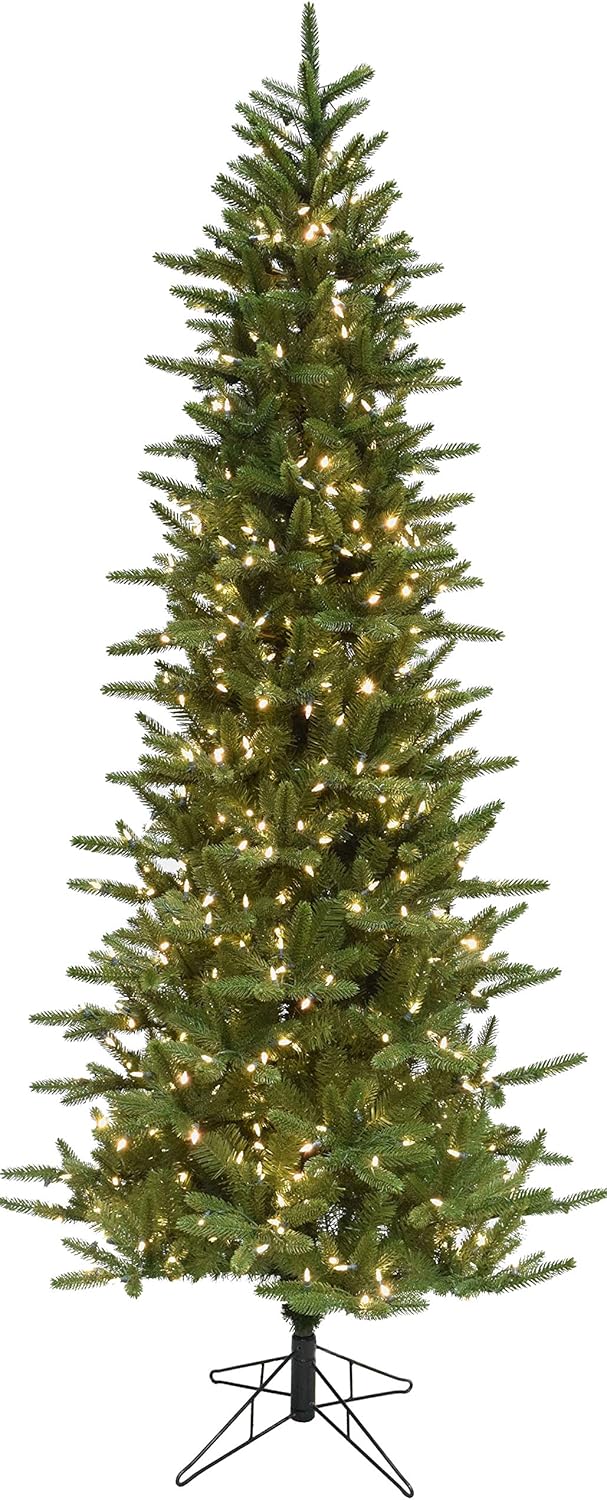 Fraser Hill Farm 6.5-Ft. Carmel Pine Slim Artificial Christmas Tree with White Incandescent Smart Lights and Stand, Prelit Foldable Fake Tree with Realistic Foliage for Home Decoration