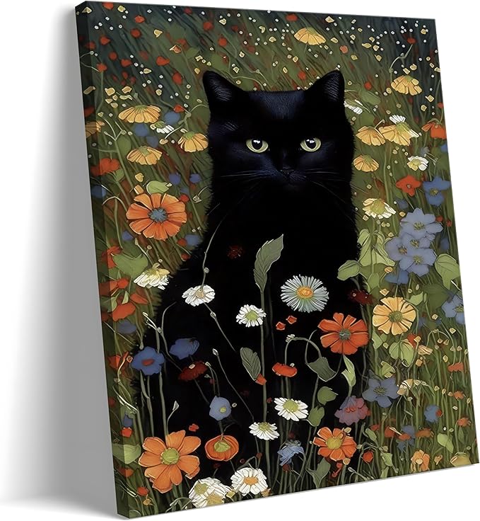 Framed Cat Canvas Wall Art, Funny Black Cat Picture Wall Decor, Animal In Garden Flowers Prints Poster for Bathroom Bedroom Living Room Gallery Decor 16x24 inch
