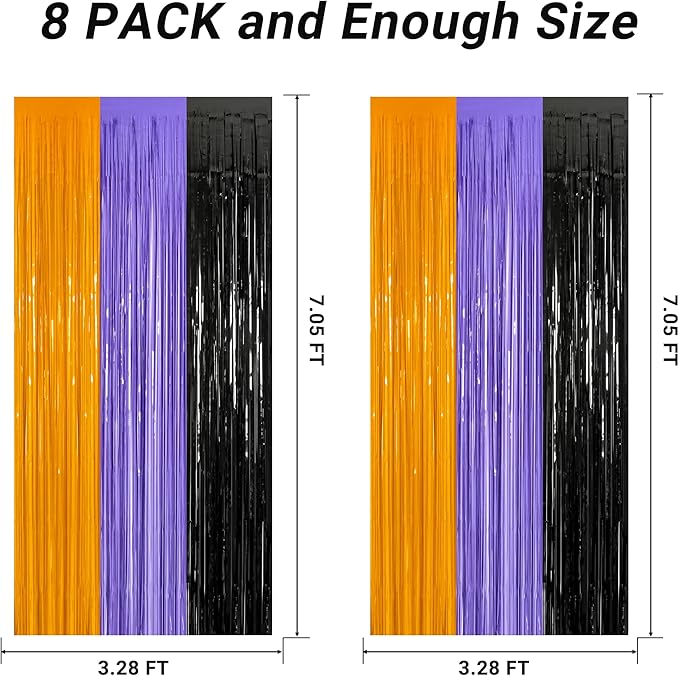 8 Pack Halloween Decorations Indoor, 3.28 FT x 7.05 FT Party Streamer, Orange Purple Black Streamer Backdrop Fringe Curtains Foil Tinsel, Halloween Party Supplies Hanging Halloween Decor